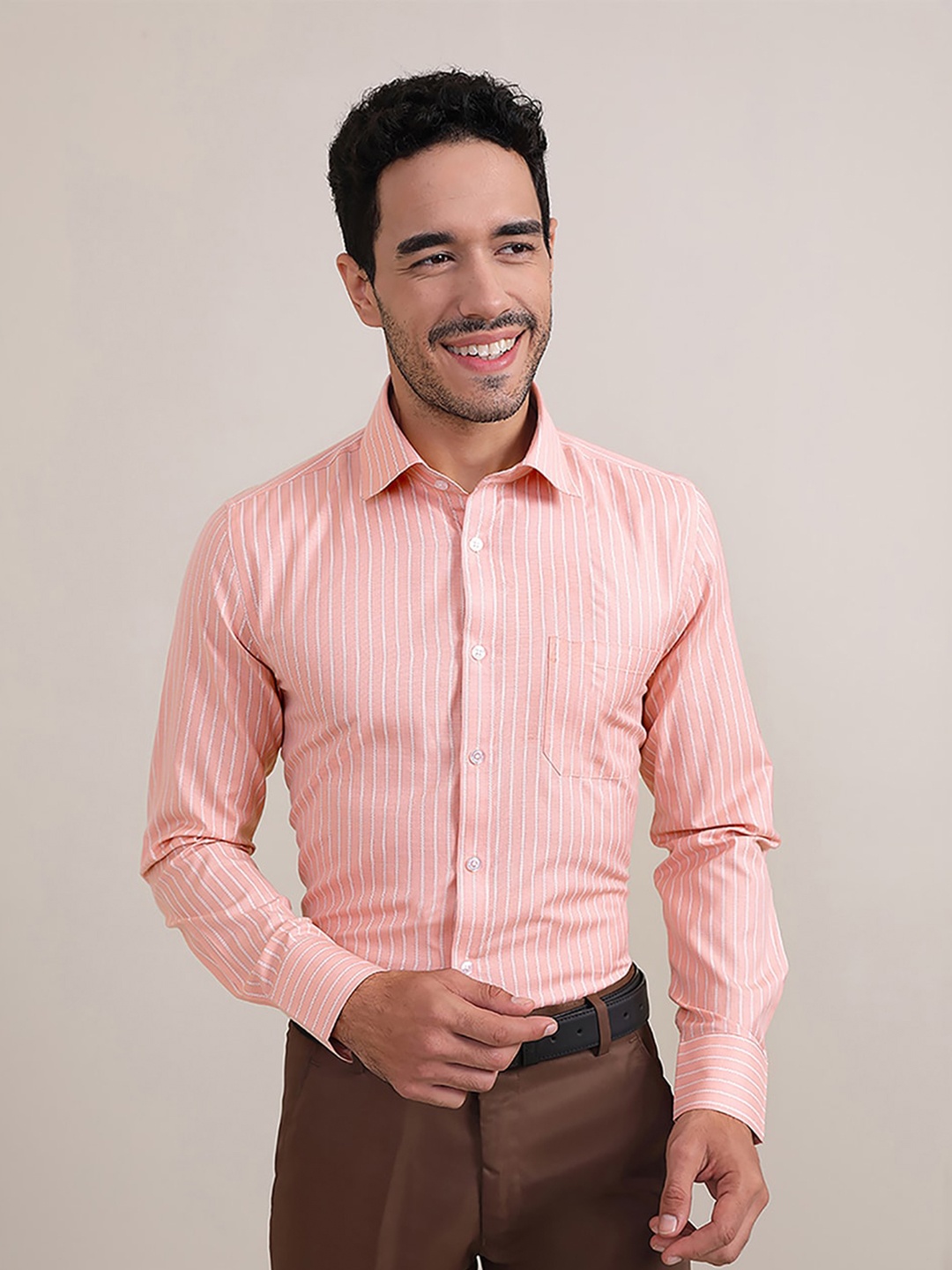 MUTAQINOTI Comfort Opaque Striped Cotton Formal Shirt, Pink