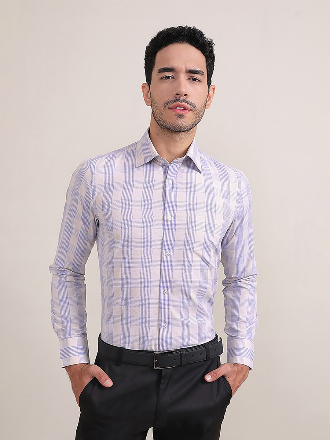 

MUTAQINOTI Comfort Fit Grid Tattersall Checked Cotton Formal Shirt, Lavender