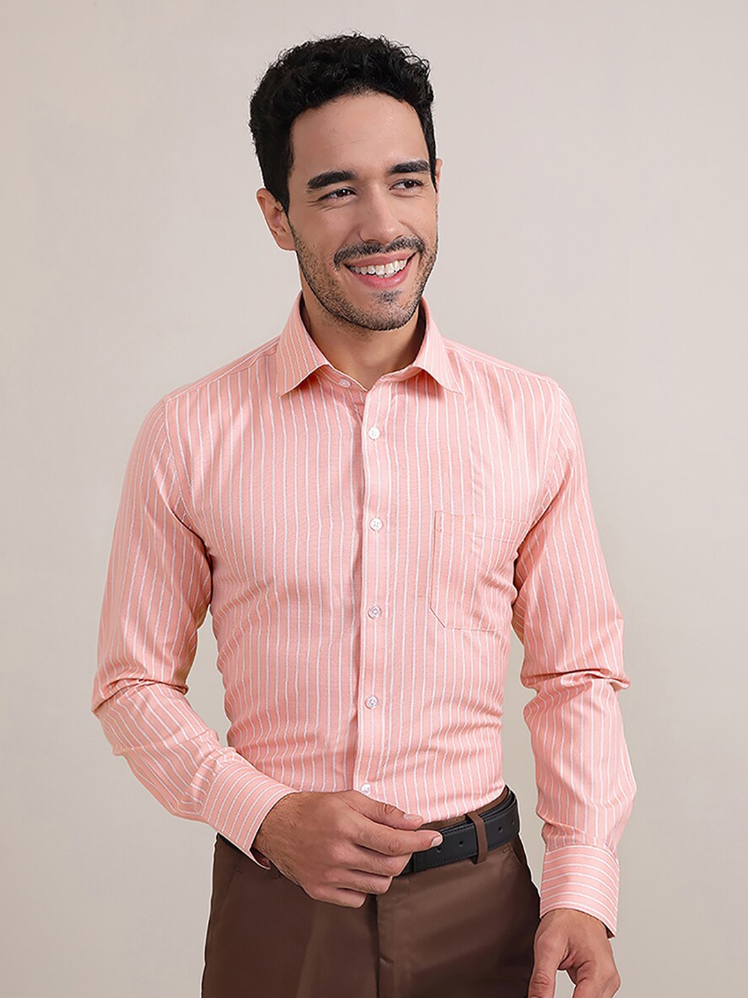 

MUTAQINOTI Vertical Striped Comfort Fit Cotton Formal Shirt, Orange