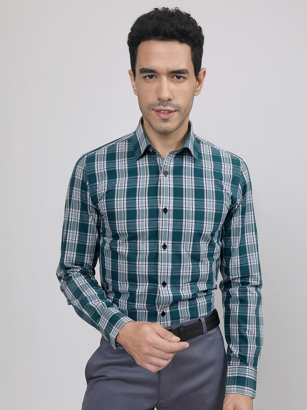 

MUTAQINOTI Comfort Tartan Checked Cotton Formal Shirt, Green