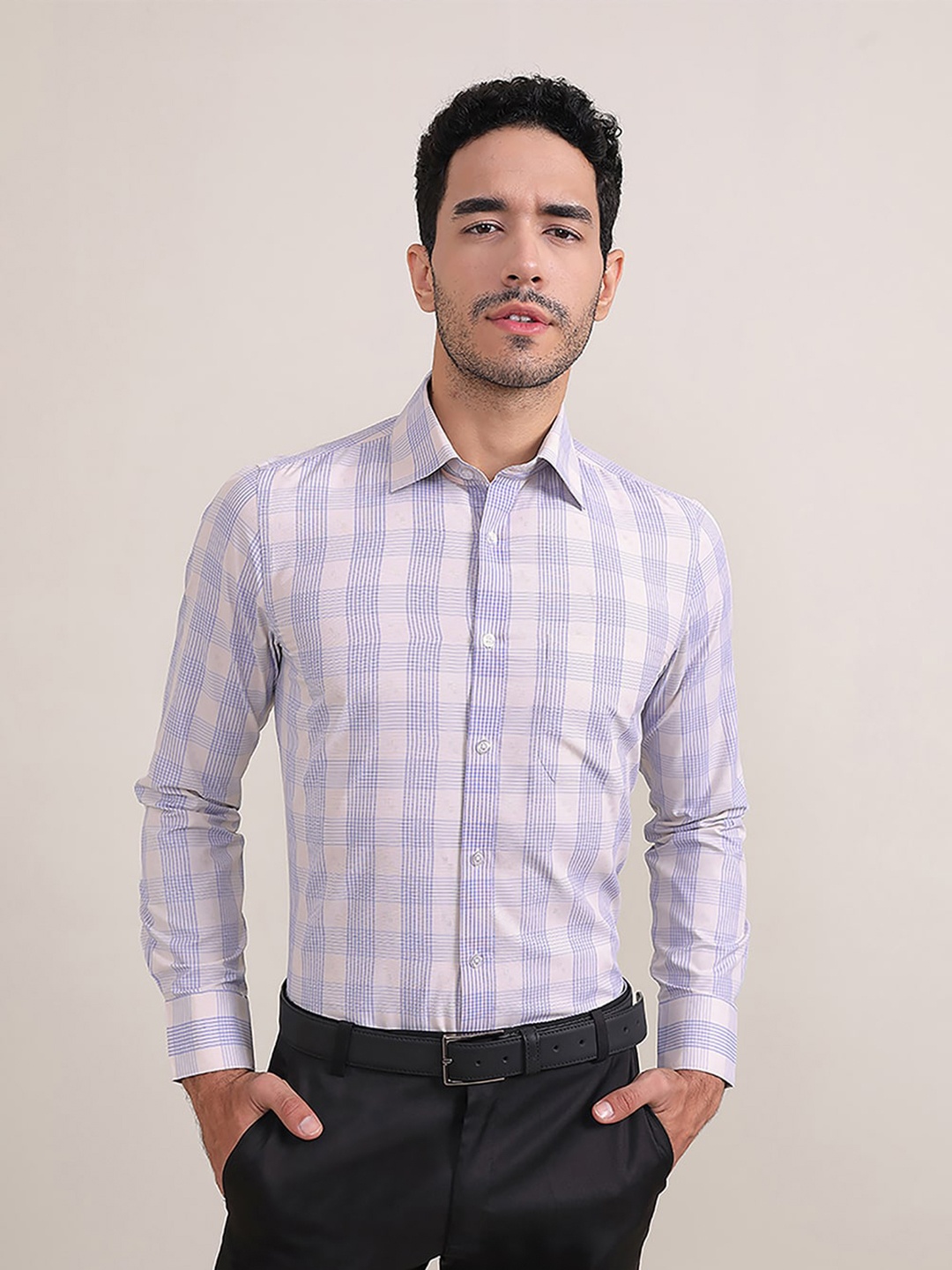 

MUTAQINOTI Comfort Fit Checked Formal Cotton Shirt, Blue
