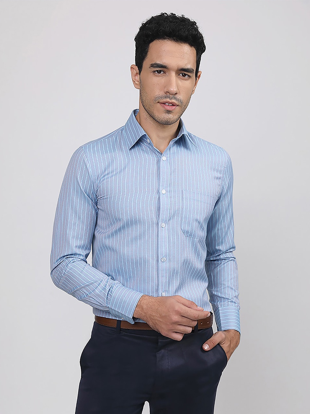 

MUTAQINOTI Comfort Fit Vertical Striped Formal Cotton Shirt, Blue