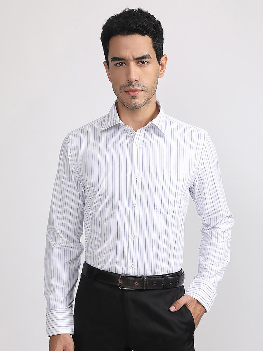 

MUTAQINOTI Comfort Fit Vertical Striped Formal Cotton Shirt, White