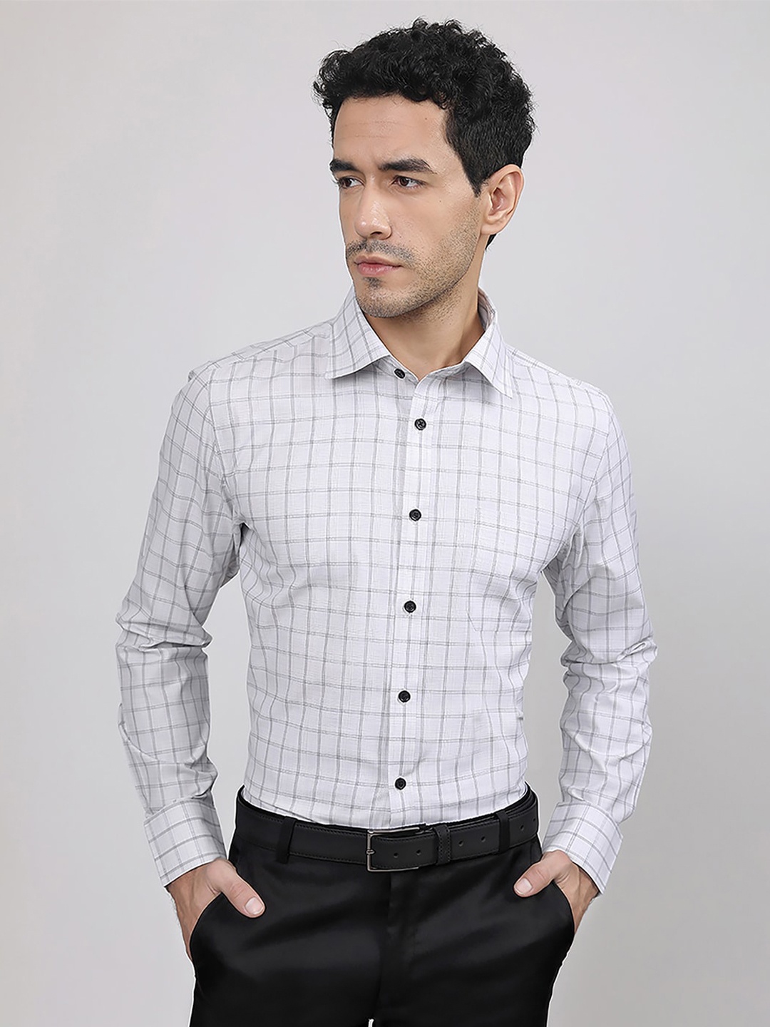 

MUTAQINOTI Comfort Fit Tartan Checked Formal Cotton Shirt, Grey