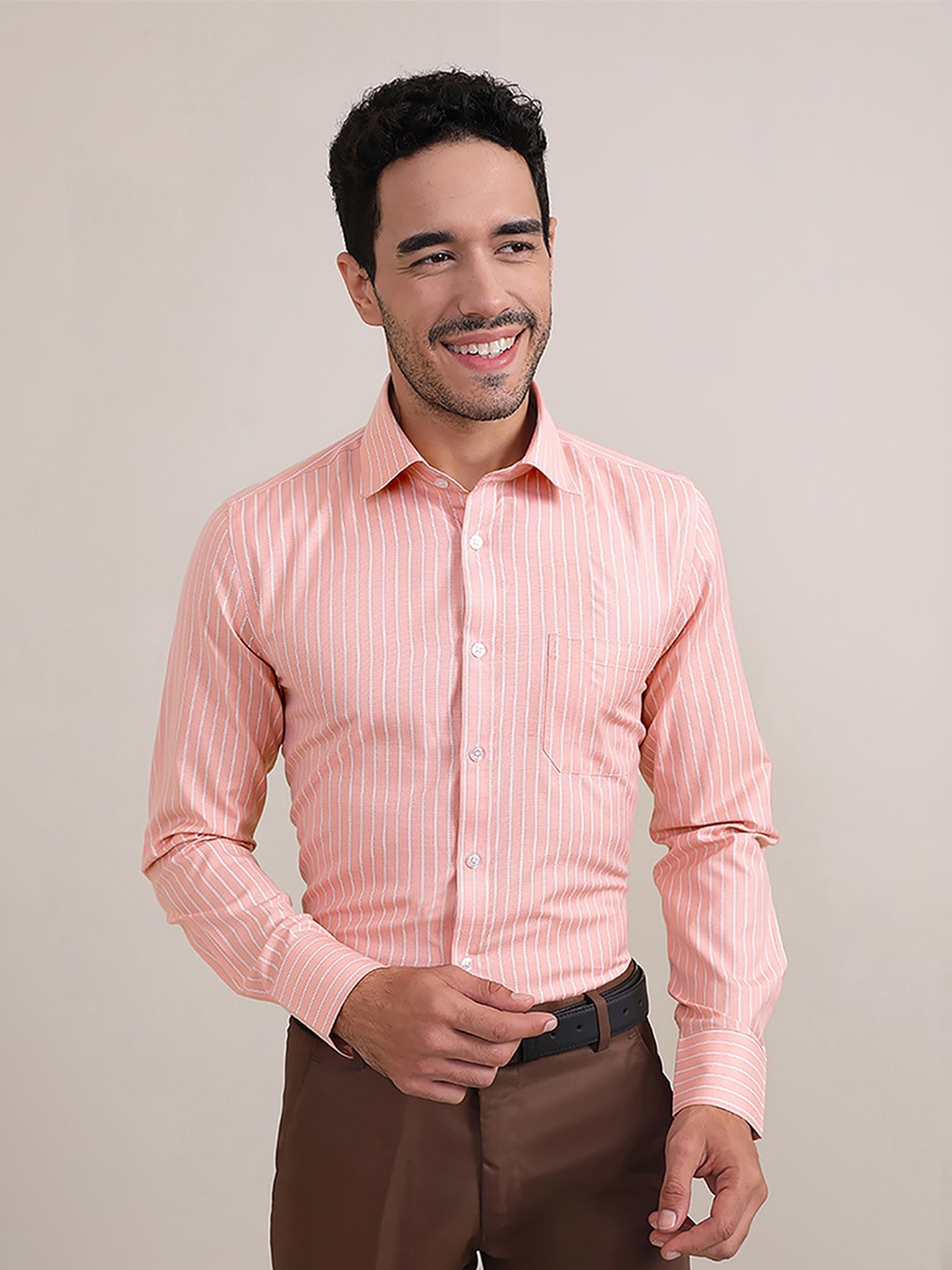 MUTAQINOTI Comfort Opaque Striped Cotton Formal Shirt, Orange