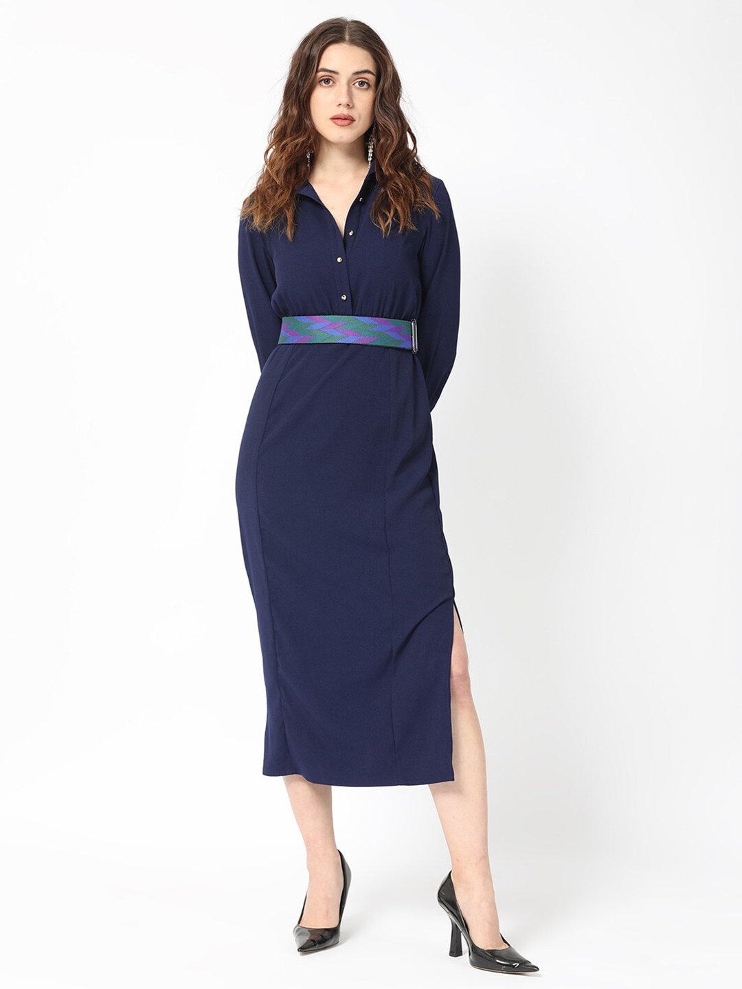 

RAREISM Long Sleeves Formal Shirt Midi Dress with Statement Belt, Navy blue