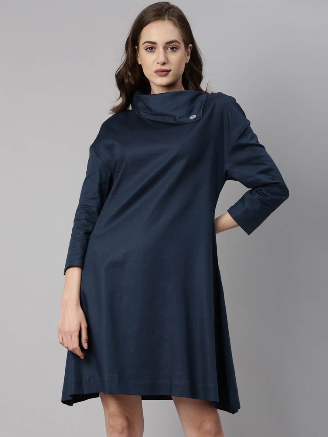 

RAREISM Cowl Neck Cotton A-Line Dress, Teal