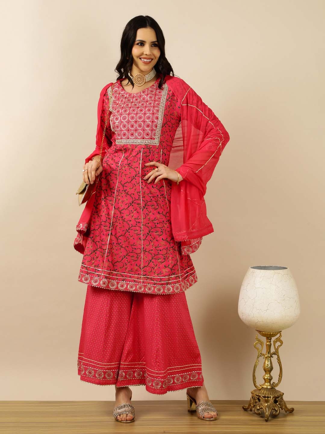

Prakhya Floral Embroidered Thread Work A-Line Kurta With Palazzos & Dupatta, Red