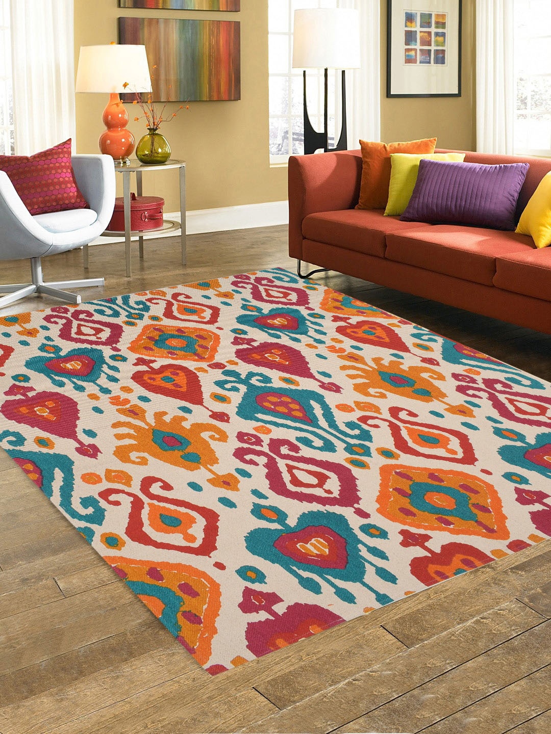

BLANC9 Red & Orange Ecletic Ikat Printed Cotton Carpet