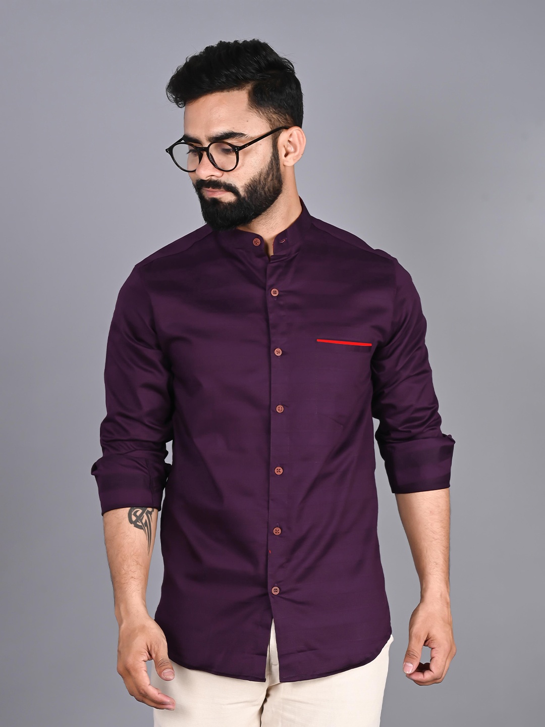 

FUBAR Men Band Collar Slim Fit Opaque Cotton Casual Shirt, Purple