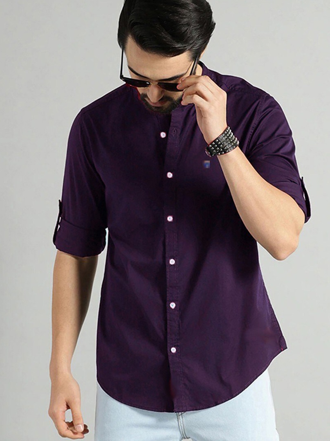 

FUBAR Slim Fit Band Collar Roll-Up Sleeves Casual Shirt, Purple