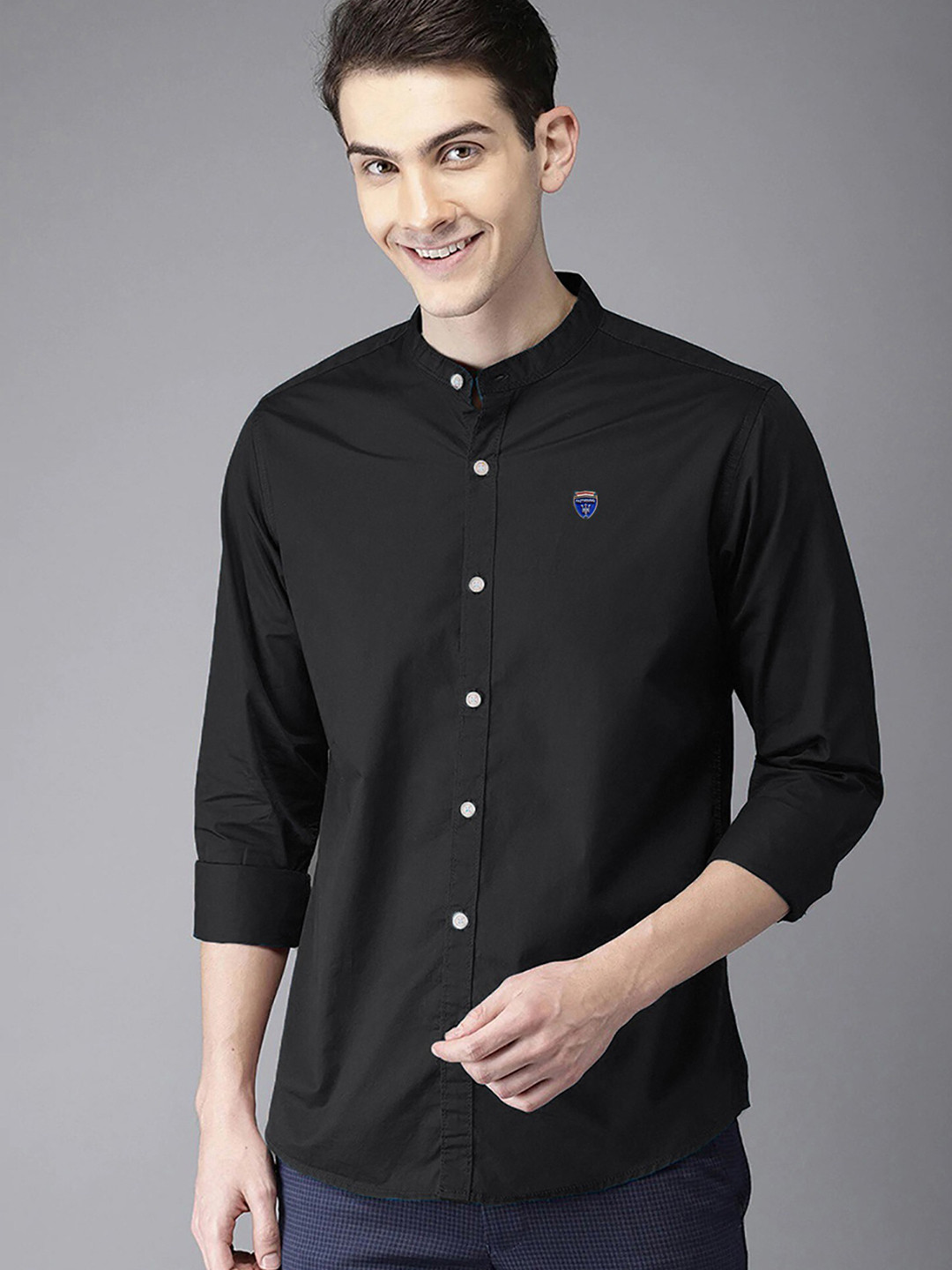 

FUBAR Slim Fit Band Collar Cotton Casual Shirt, Black