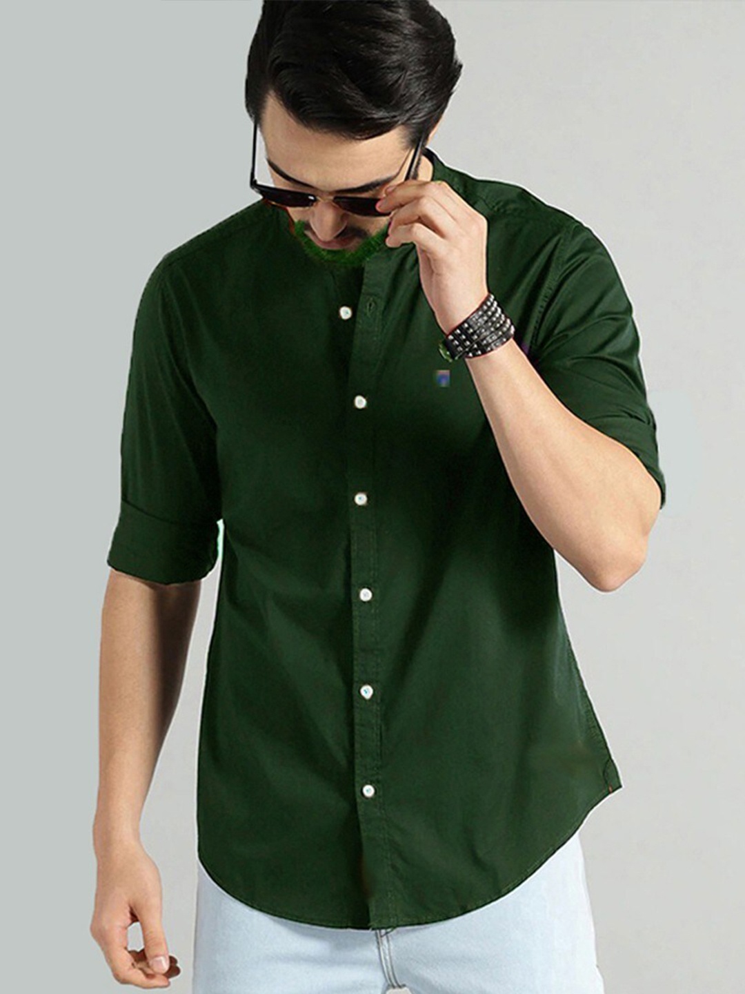 

FUBAR Band Collar Slim Fit Opaque Cotton Casual Shirt, Green