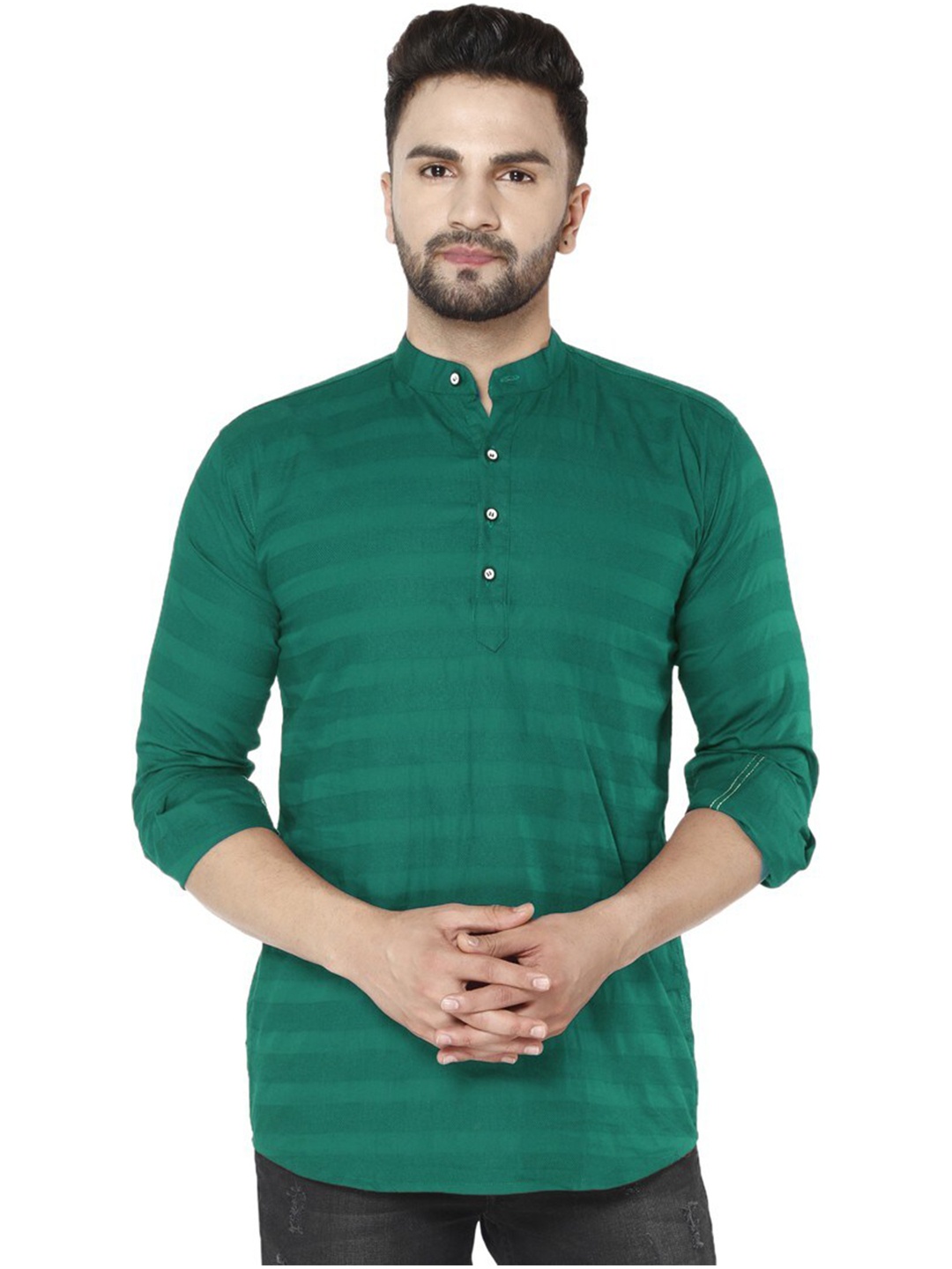 

FUBAR Slim Fit Horizontal Striped Band Collar Long Sleeves Casual Shirt, Green