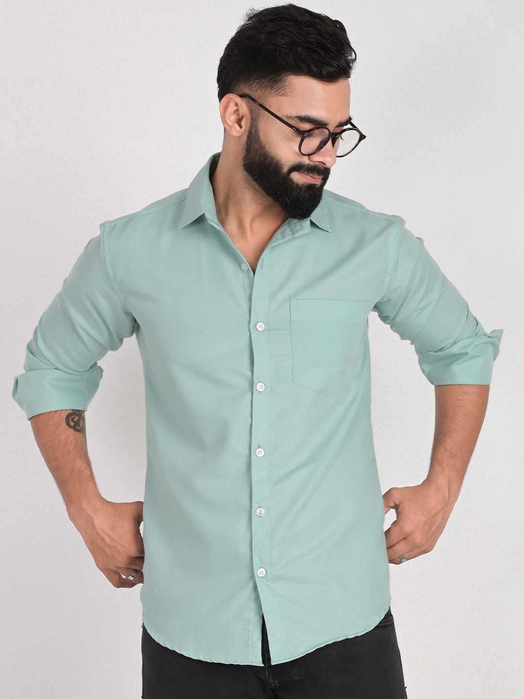 

FUBAR Spread Collar Slim Fit Opaque Cotton Casual Shirt, Green