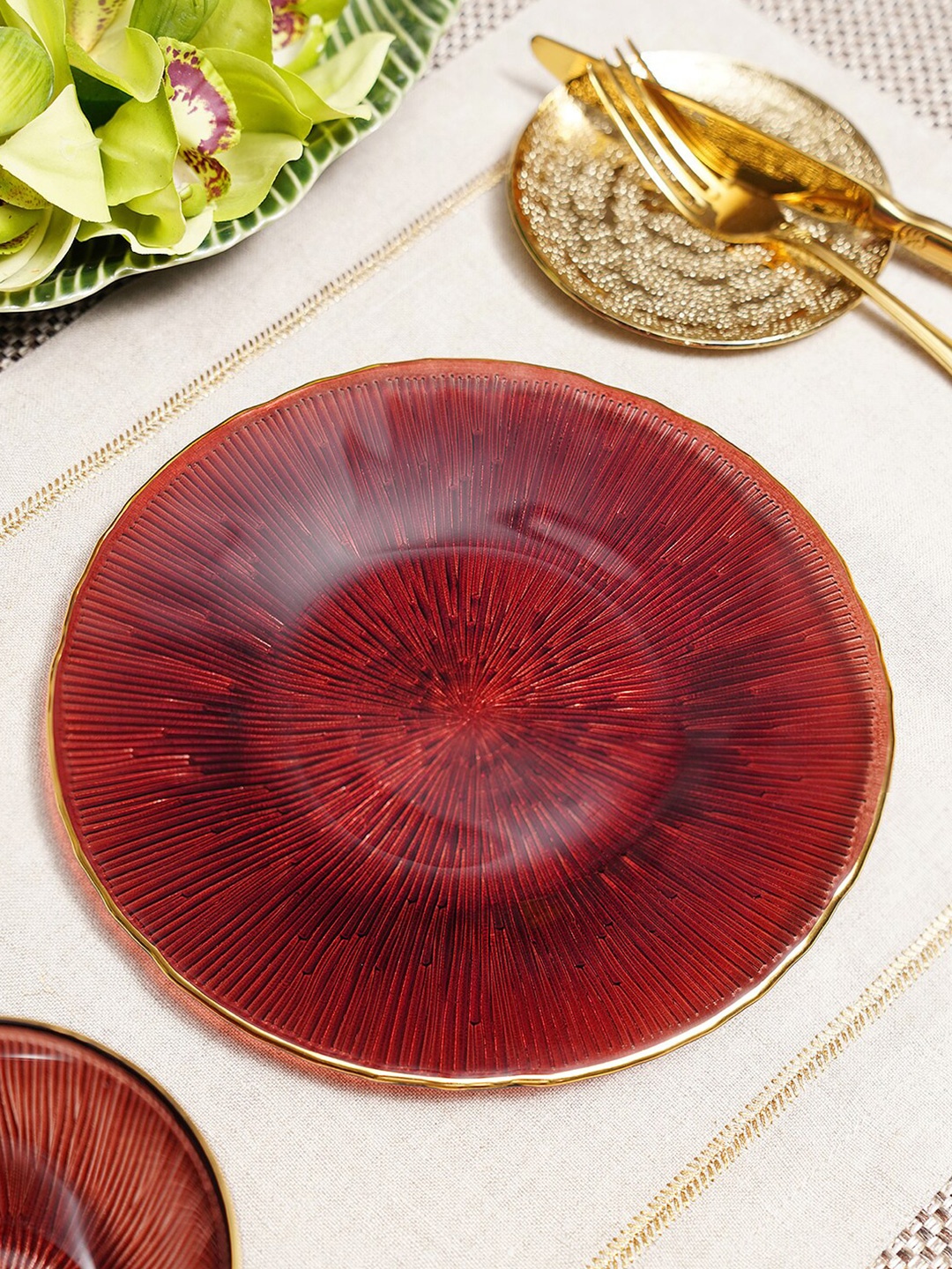 

Pure Home and Living Red & Gold Toned 2 Pieces Textured Glass Transparent Dessert Plates