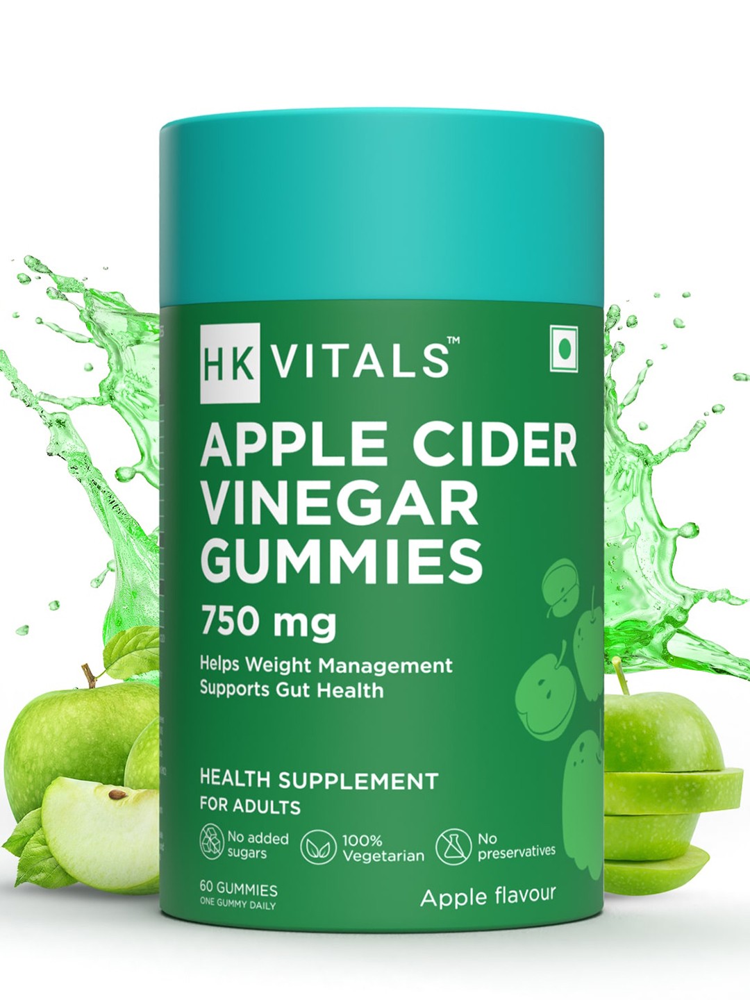 

HK VITALS Apple Cider Vinegar 750mg Gummies Apple Flavour - 60 Gummies, Green