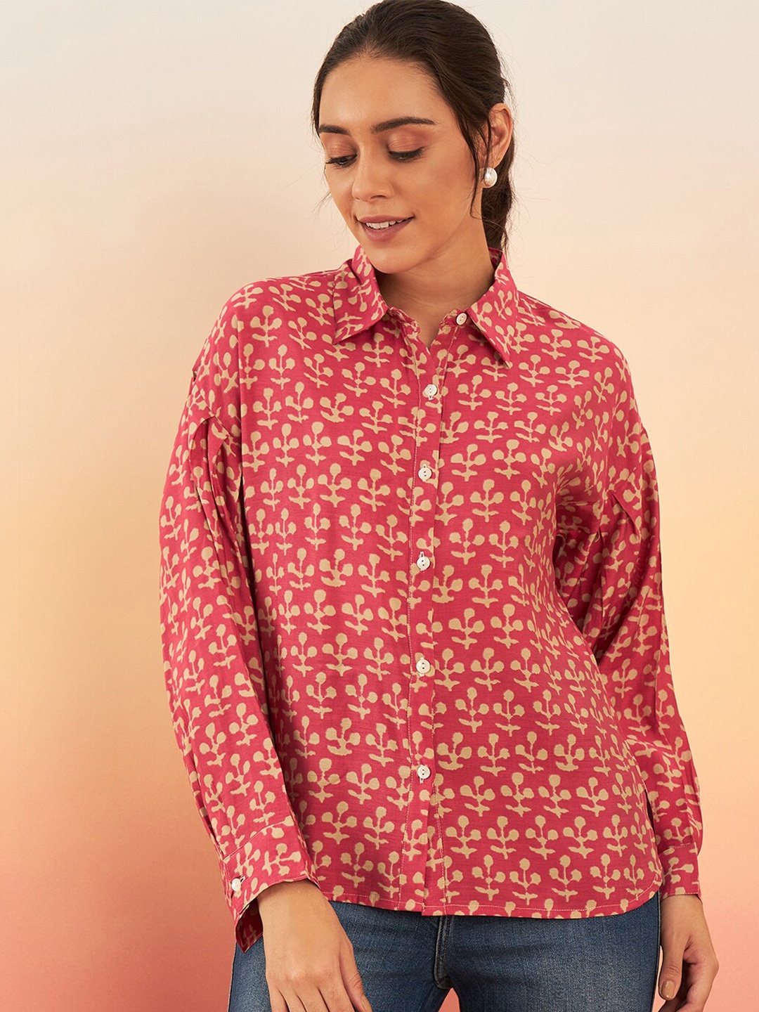 

Sangria Red & White Floral Printed Chanderi Silk Casual Shirts