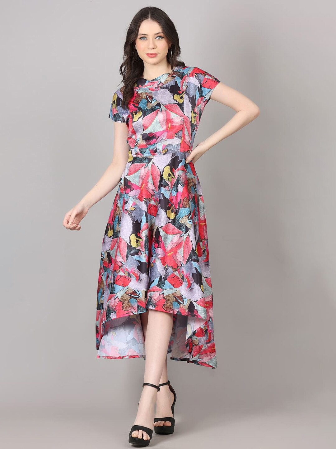 

pinfit Abstract Printed High-Low Satin Fit & Flare Midi Dress, Red