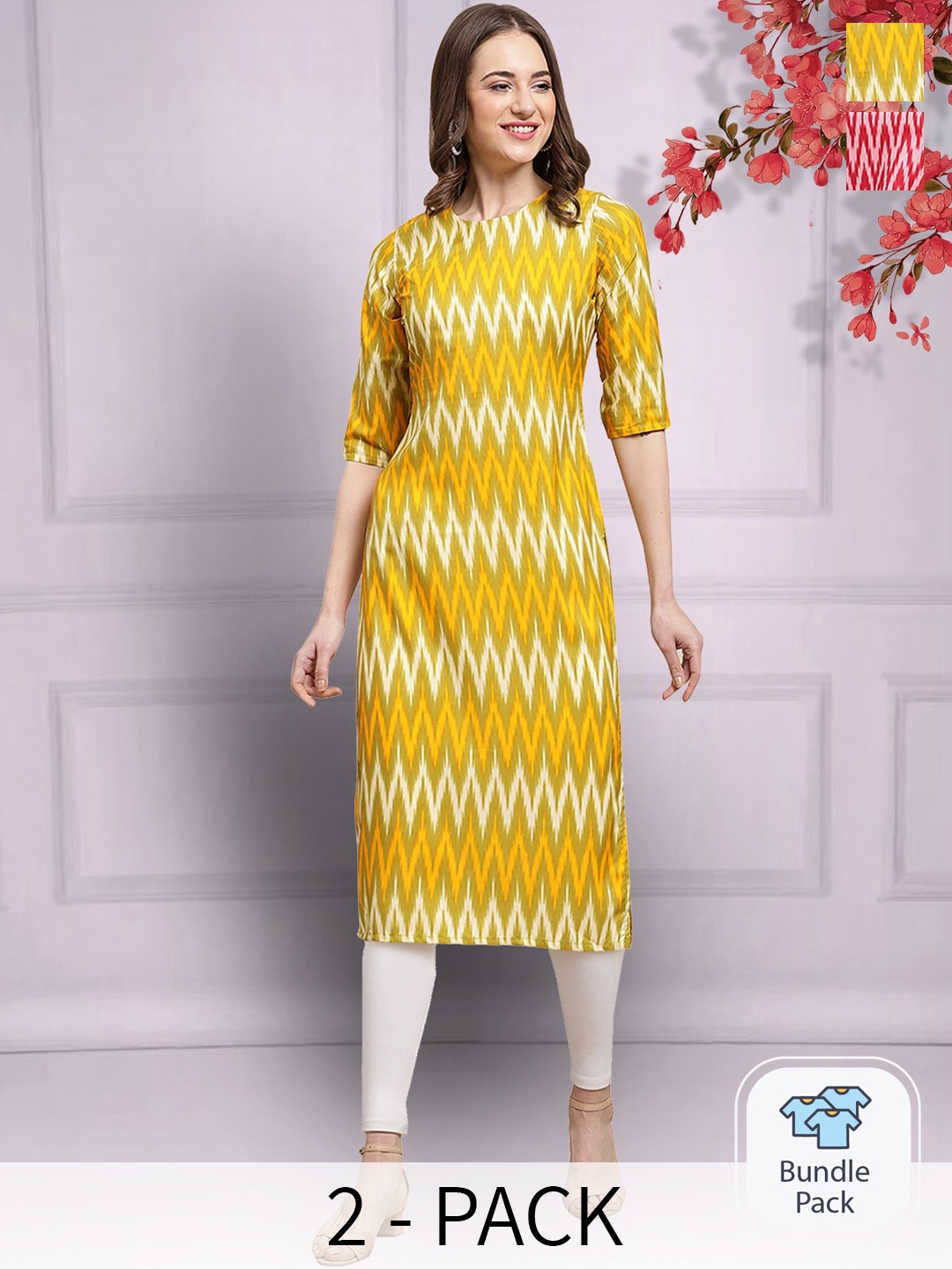 

7Threads Selection Of 2 Geometric Printed Straight Kurta, Yellow