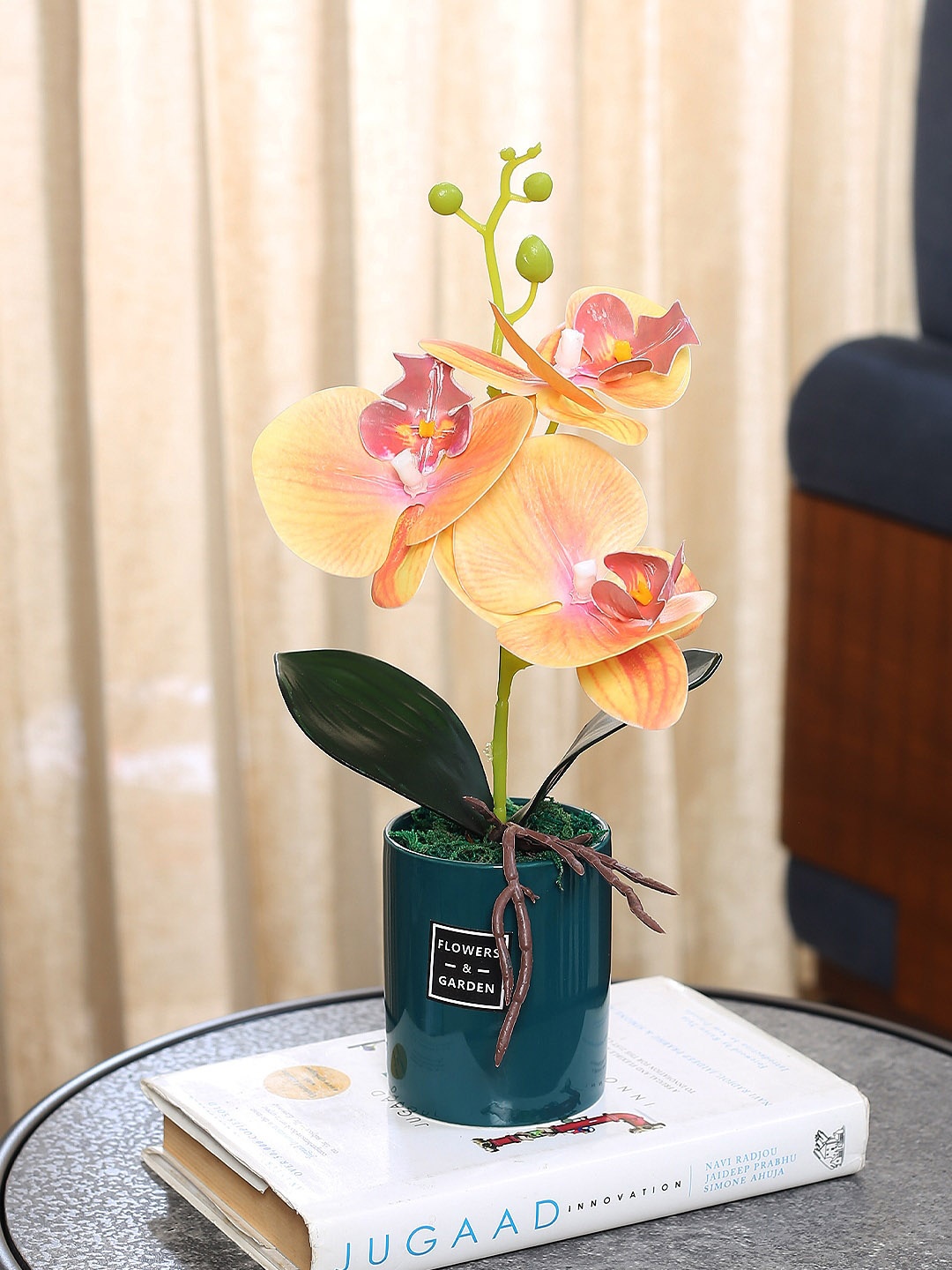 

Fourwalls Orange & Green Orchid Flowers With Ceramic Pot