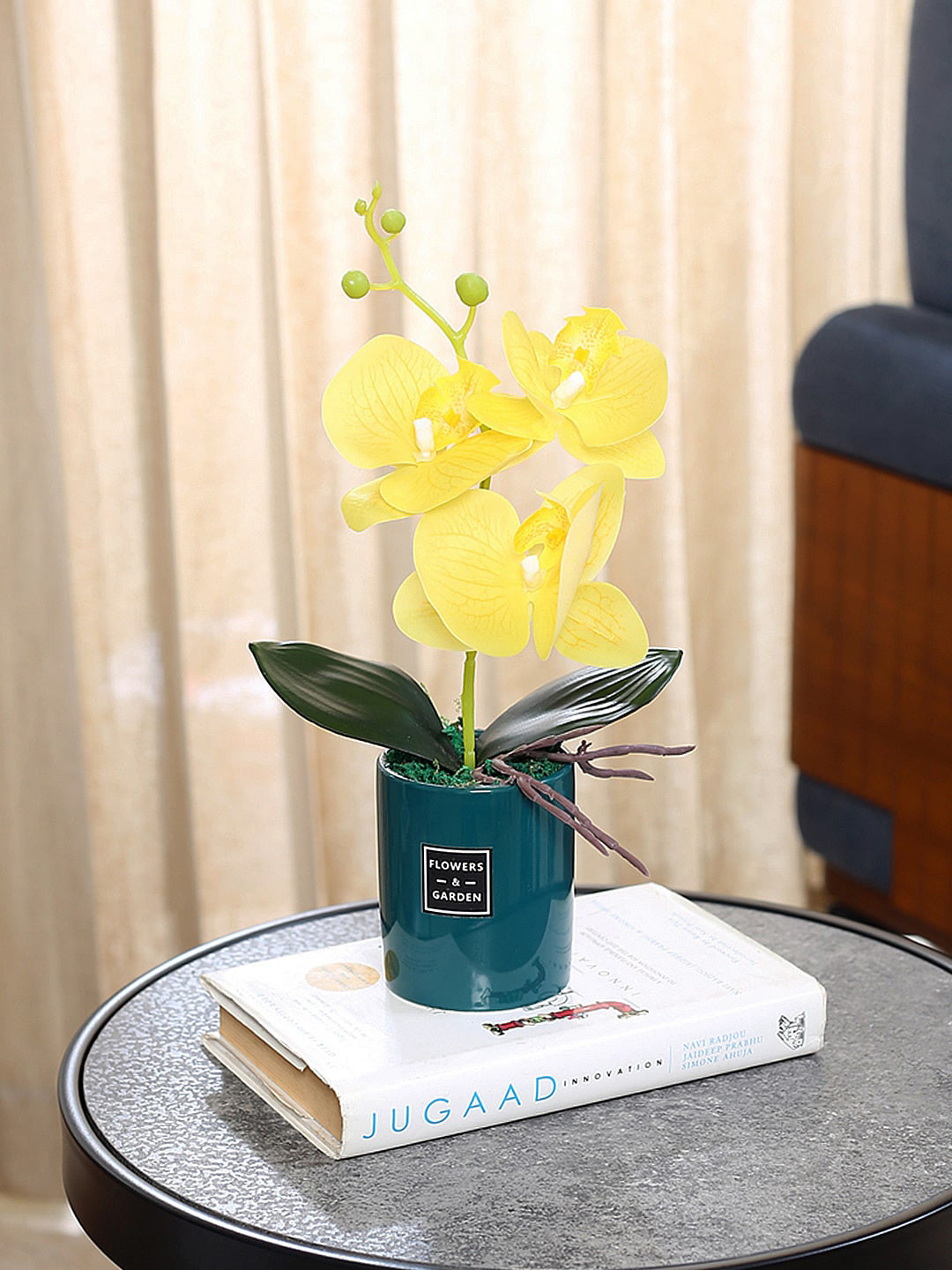 

Fourwalls Yellow Faux Orchid Flower With Pot