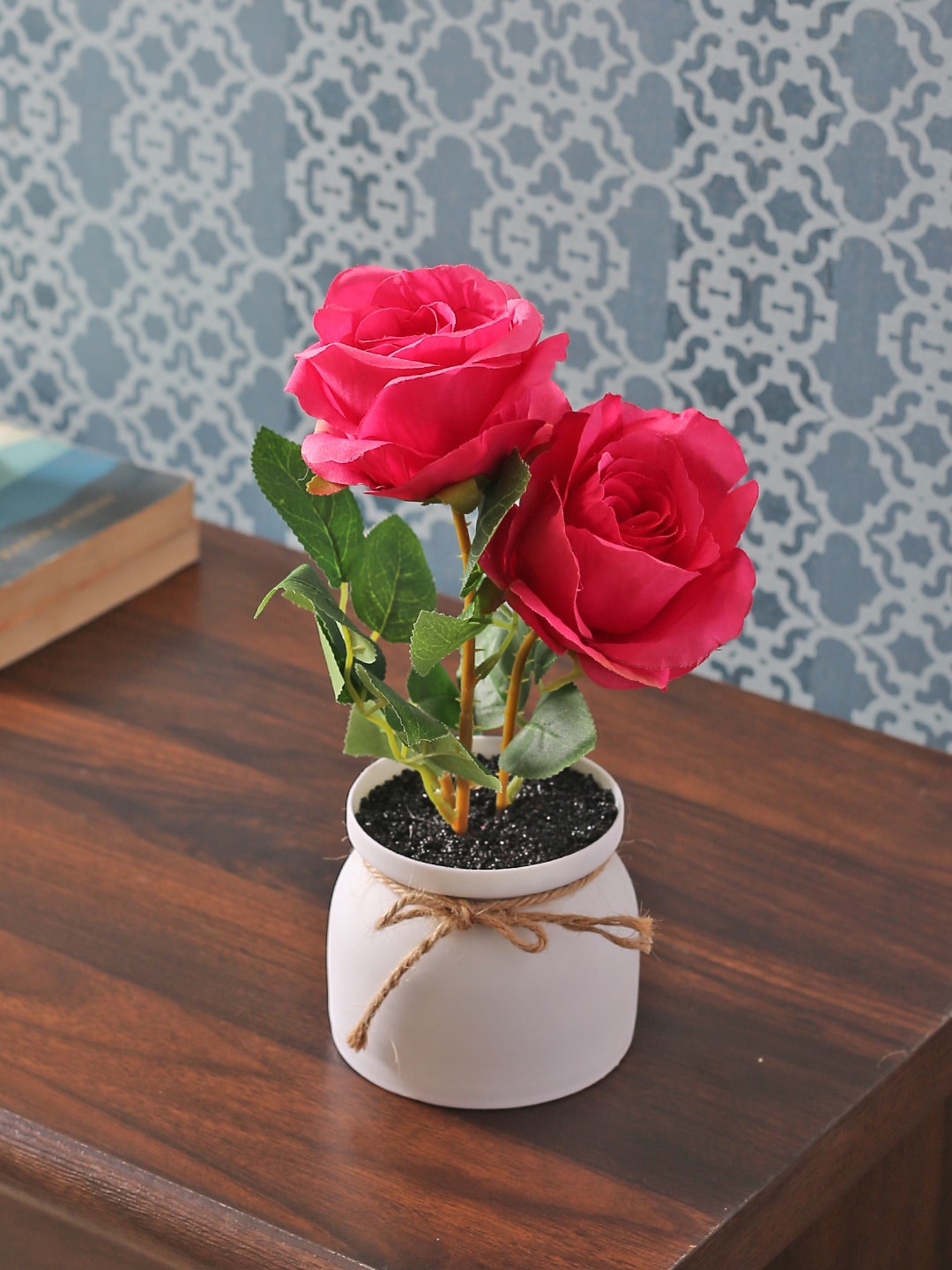 

Fourwalls Pink & White Artificial Rose Flower Plant With Ceramic Pot