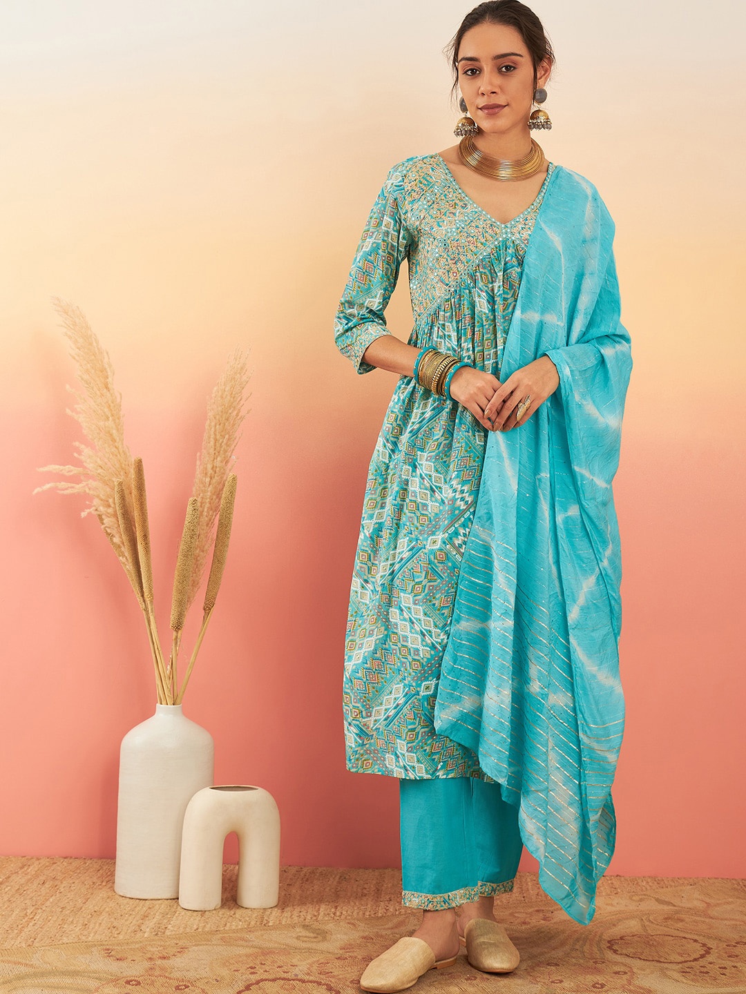 

Sangria Printed & Embroidered Pure Cotton A-Line Kurta With Trouser & Dupatta Set, Turquoise blue