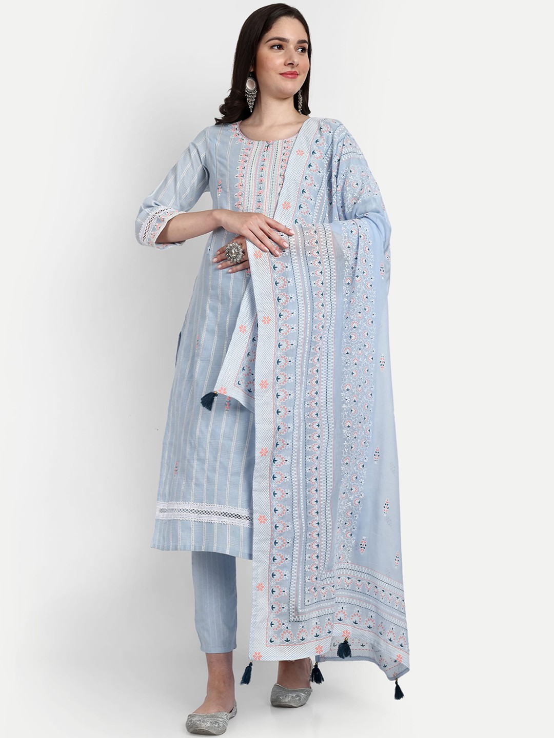 

mumzhug Floral Embroidered Thread Work Pure Cotton Maternity Kurta & Trousers With Dupatta, Grey