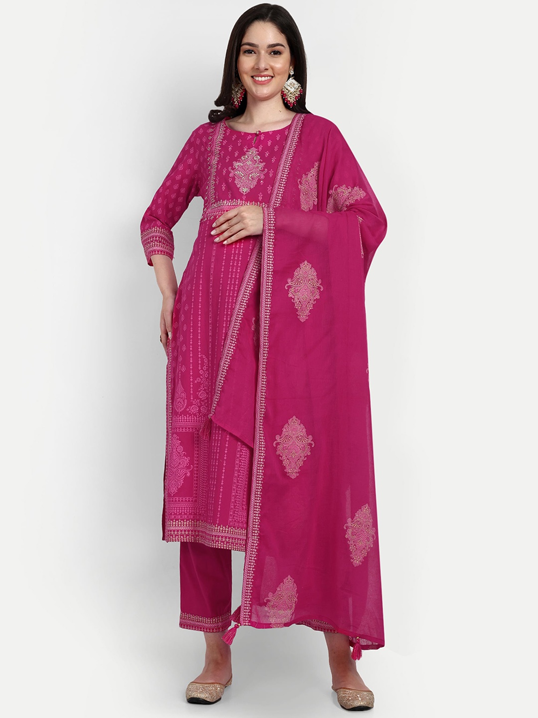 

mumzhug Ethnic Motifs Printed Pure Cotton Maternity Kurta & Trouser With Dupatta, Fuchsia