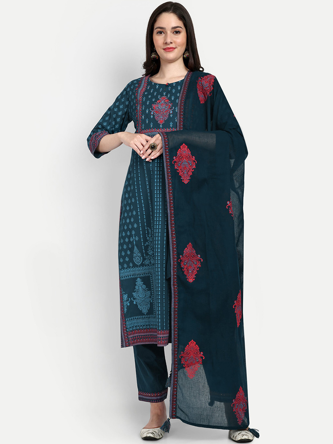 

mumzhug Ethnic Motifs Embroidered Pure Cotton Maternity Kurta With Trousers & Dupatta, Teal