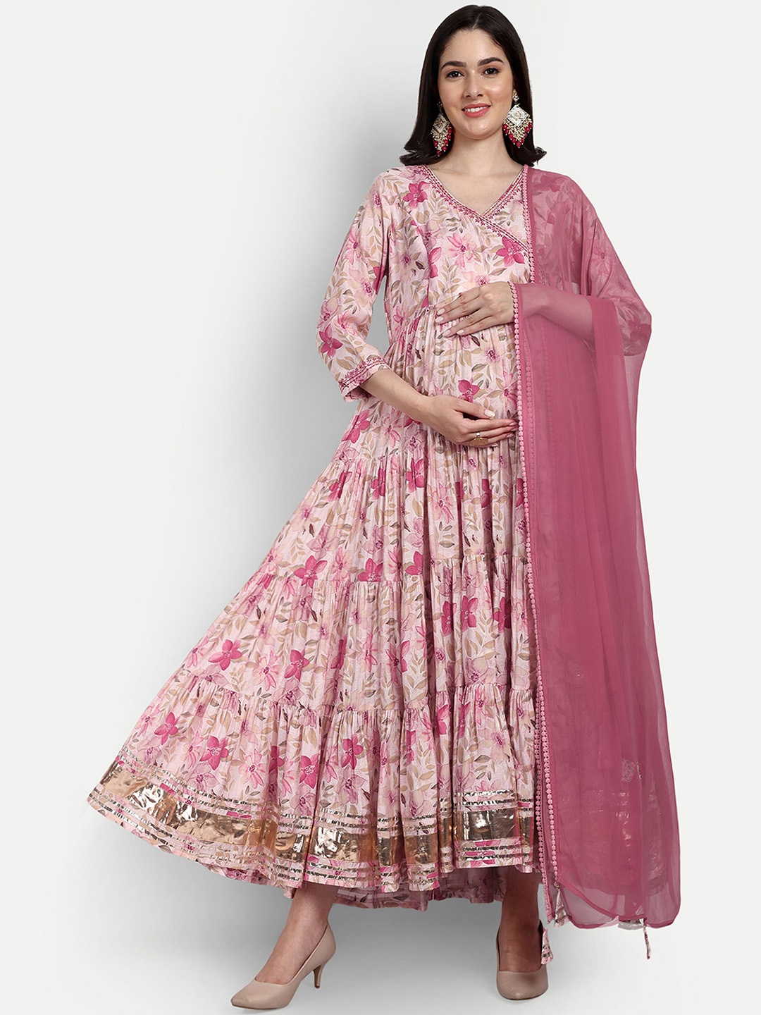 

mumzhug Floral Printed Cotton A Line Ethnic Dress With Dupatta, Pink