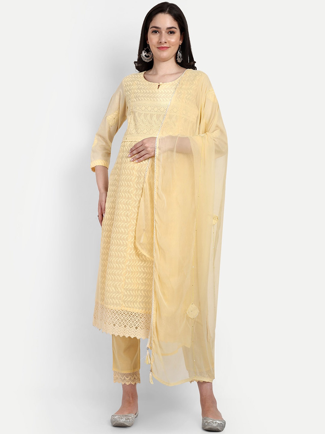 

mumzhug Ethnic Motifs Embroidered Pure Cotton Maternity Kurta With Trousers & Dupatta, Yellow