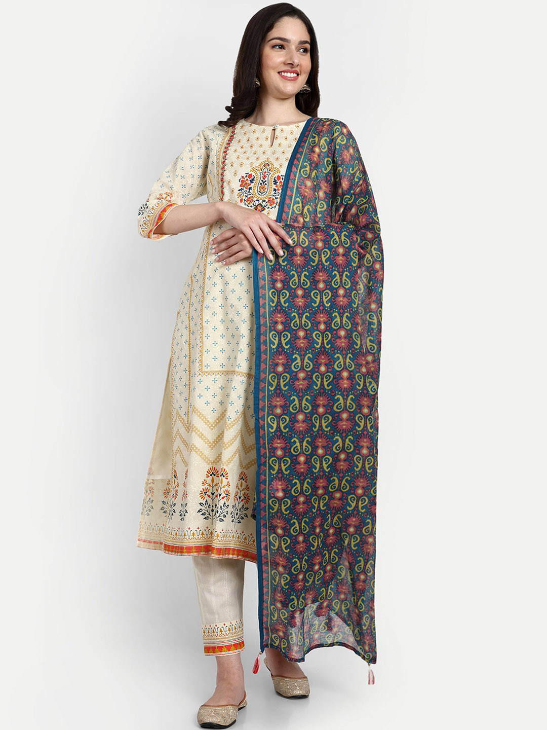 

mumzhug Ethnic Motifs Embroidered Pure Cotton Maternity Kurta With Trousers & Dupatta, Cream