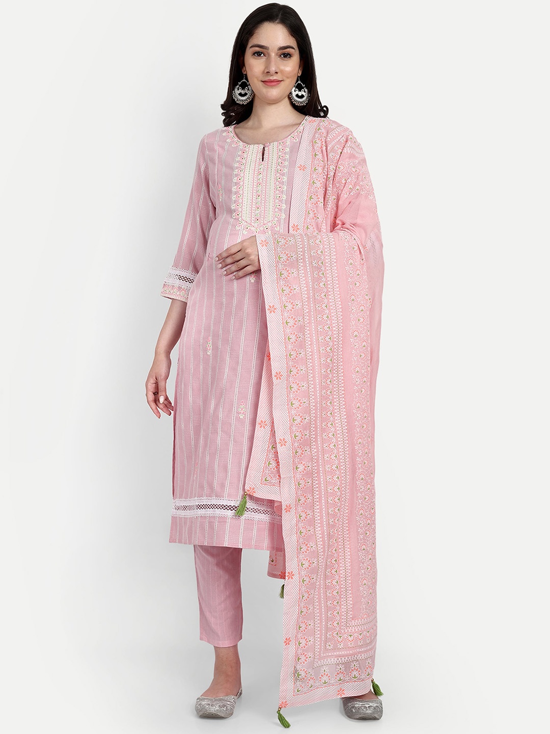 

mumzhug Floral Embroidered Pure Cotton Maternity Straight Kurta With Trousers & Dupatta, Pink