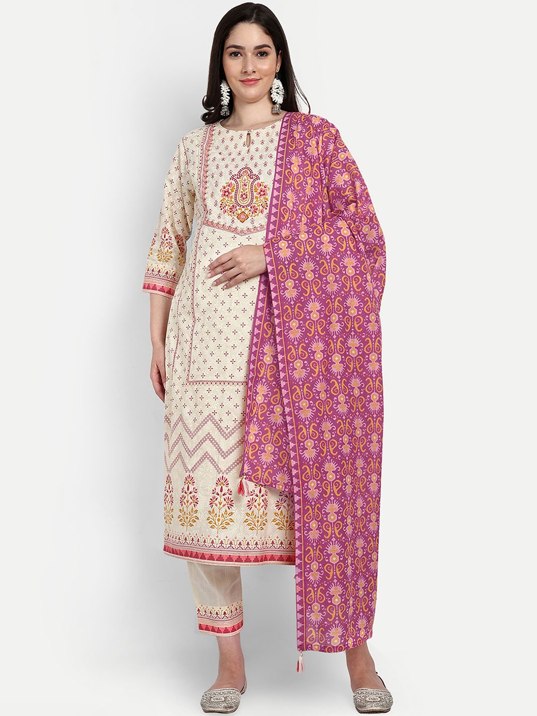 

mumzhug Ethnic Printed Regular Thread Work Cotton Maternity Kurta With Trousers & Dupatta, Pink