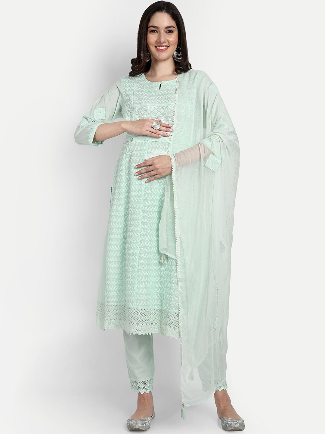 

mumzhug Ethnic Embroidered Thread Work Maternity Pure Cotton Kurta With Trousers & Dupatta, Blue
