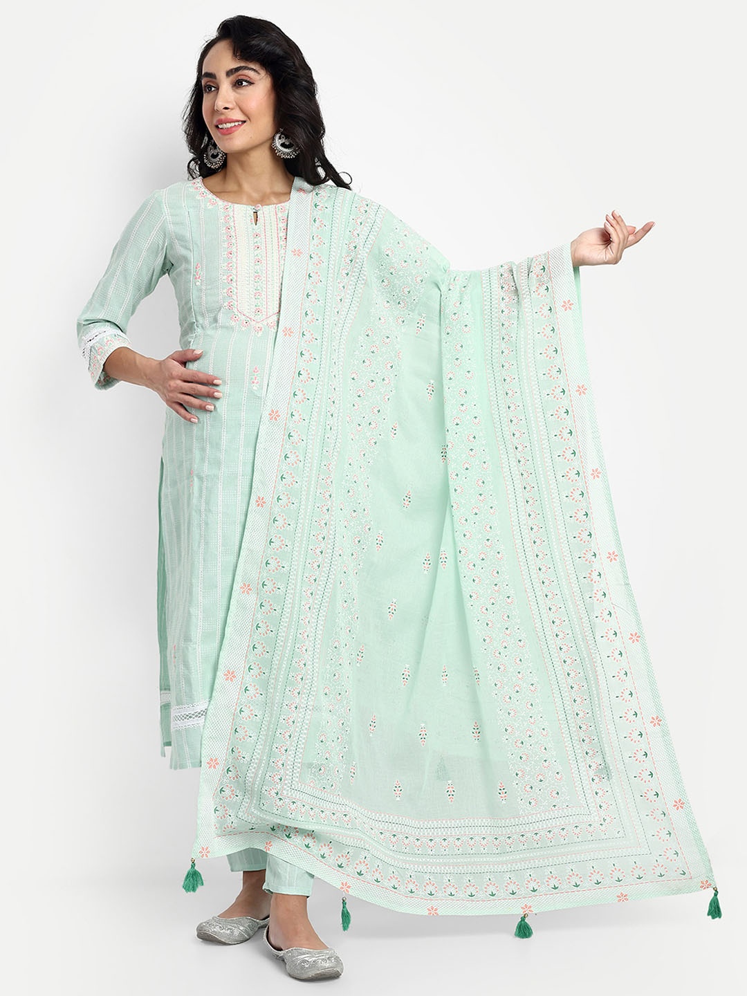 

mumzhug Striped Regular Thread Work Pure Cotton Maternity Kurta With Trousers & Dupatta, Green