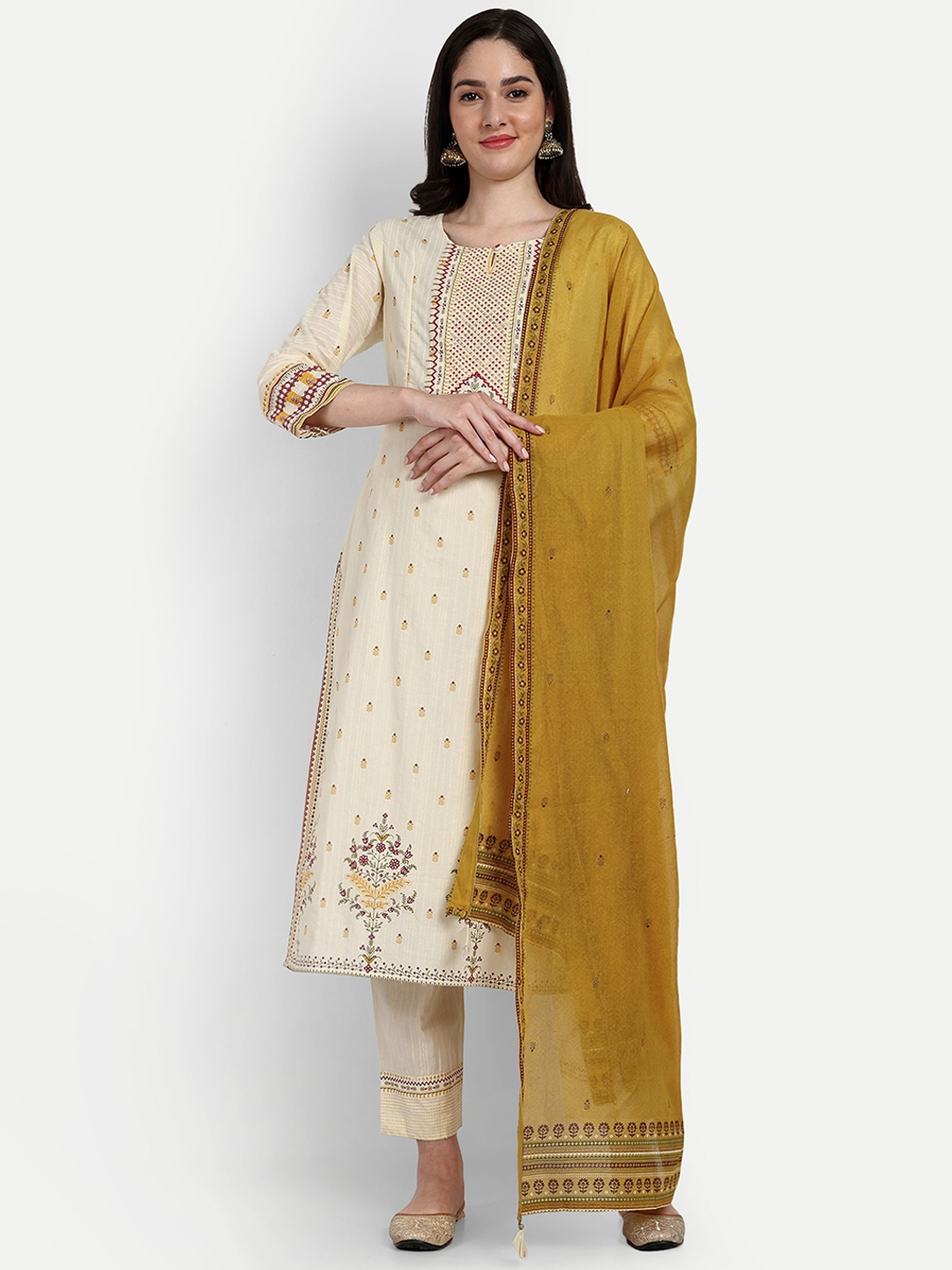 

mumzhug Ethnic Printed Regular Thread Work Cotton Maternity Kurta With Trousers & Dupatta, Cream