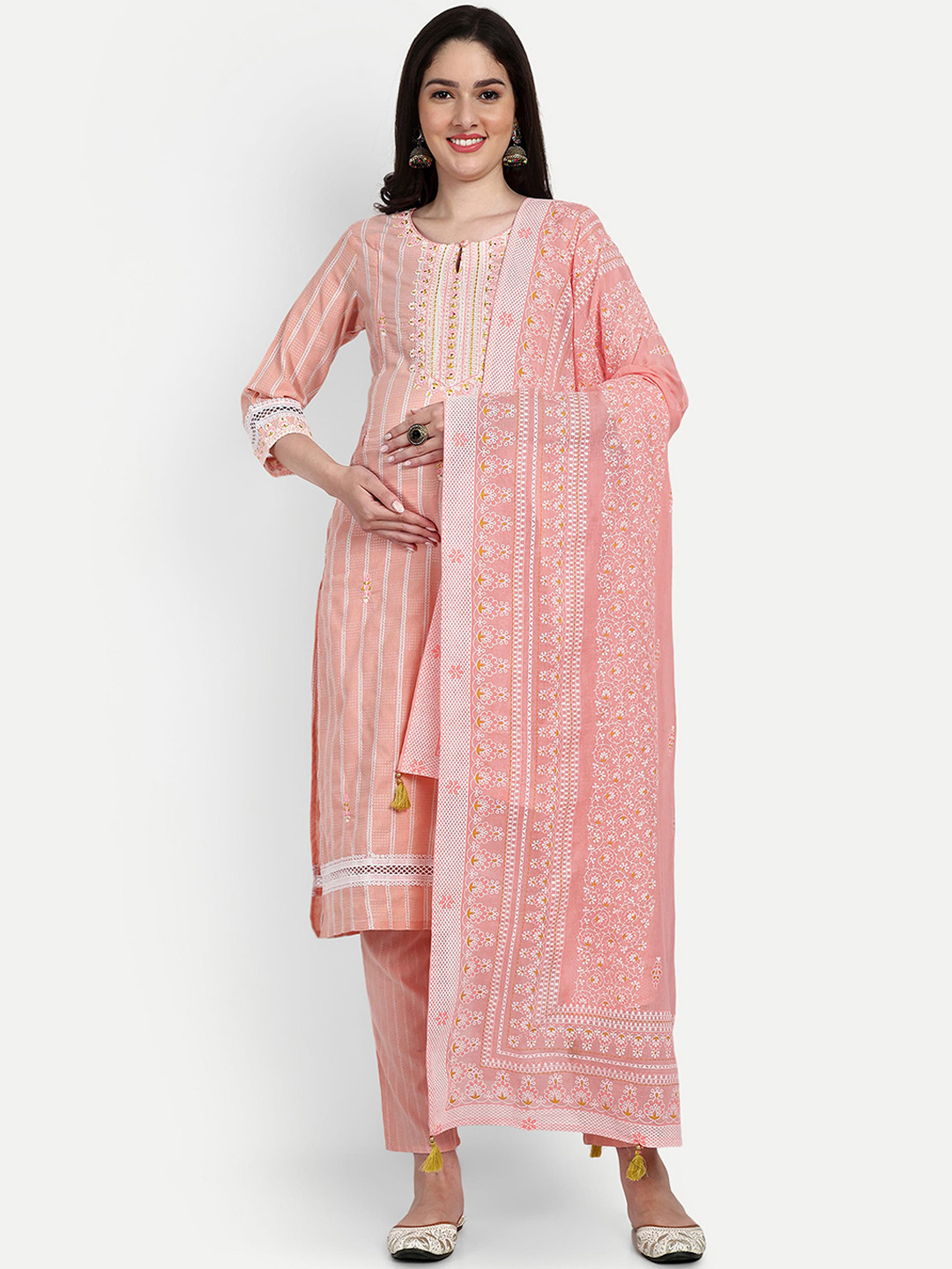 

mumzhug Striped Regular Thread Work Pure Cotton Maternity Kurta With Trousers & Dupatta, Peach