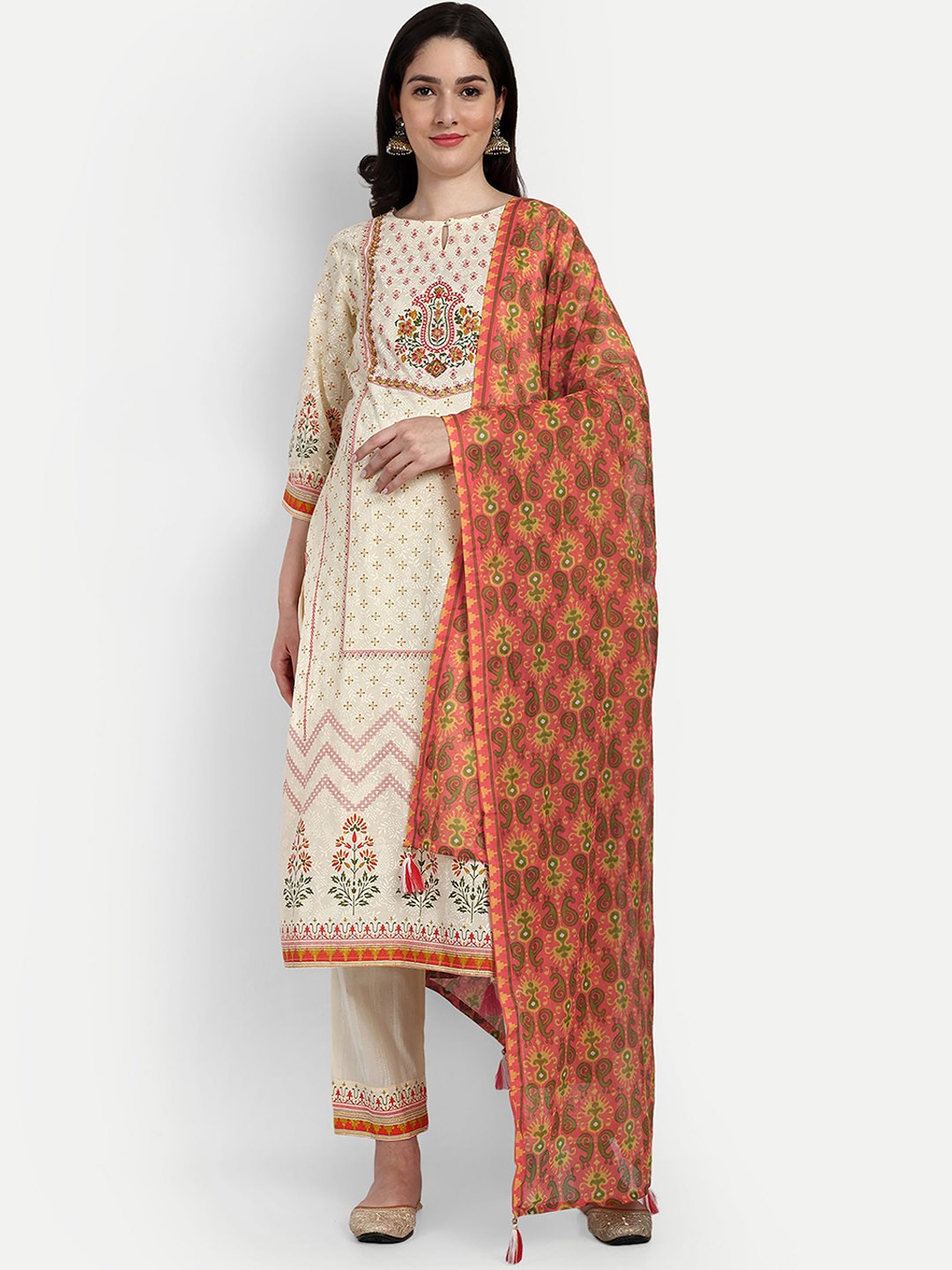 

mumzhug Ethnic Printed Regular Thread Work Cotton Maternity Kurta With Trousers & Dupatta, Cream