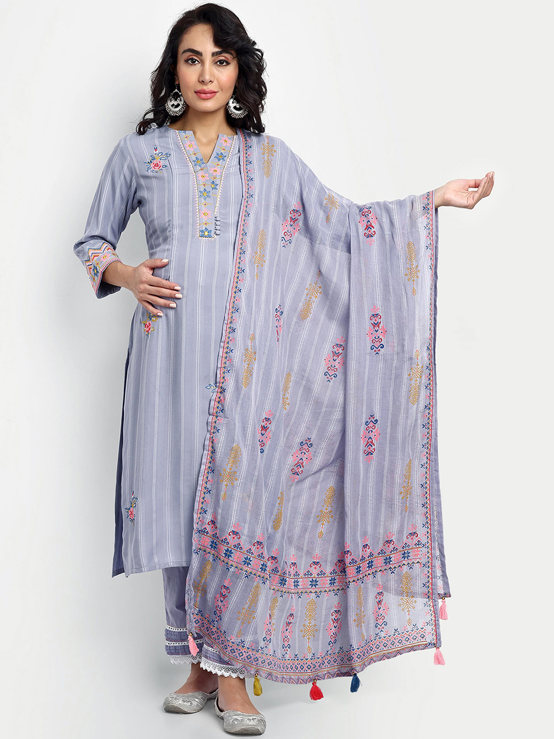 

mumzhug Striped Regular Thread Work Pure Cotton Maternity Kurta With Trousers & Dupatta, Lavender