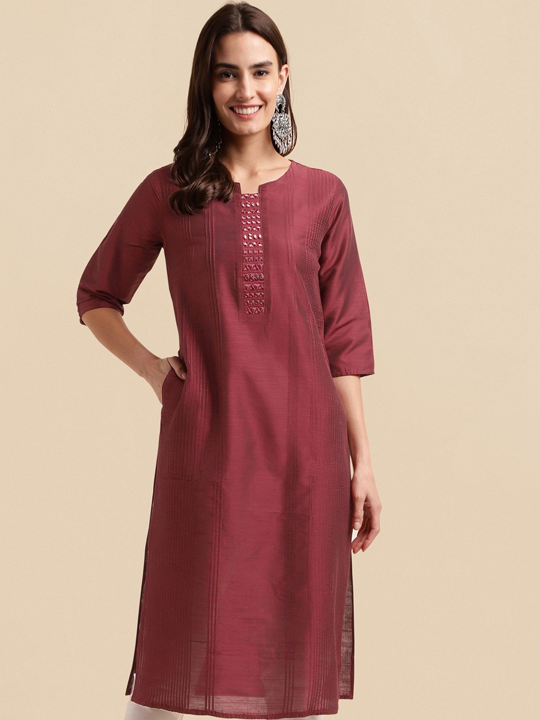 

KALINI Mirror Work Art Silk Straight Kurta, Maroon