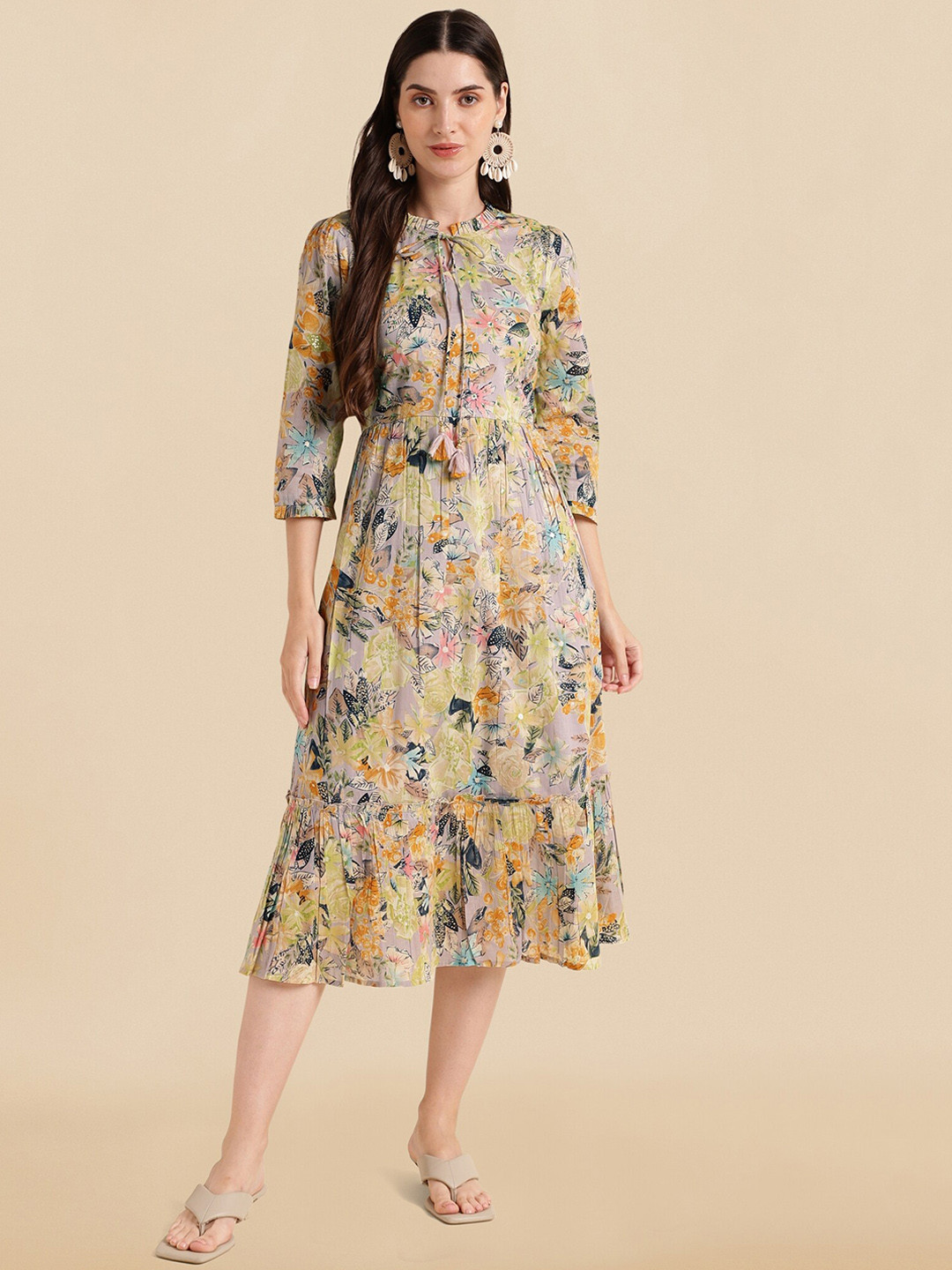 

KALINI Floral Printed Tie-Up Neck Puff Sleeves Gathered Flounce Hem Dresses, Grey