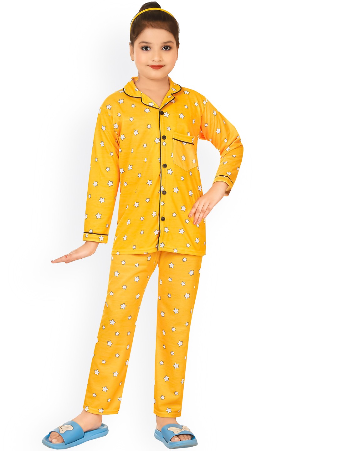 

BURBN Girls Geometric Printed Lapel Collar Night suit, Yellow