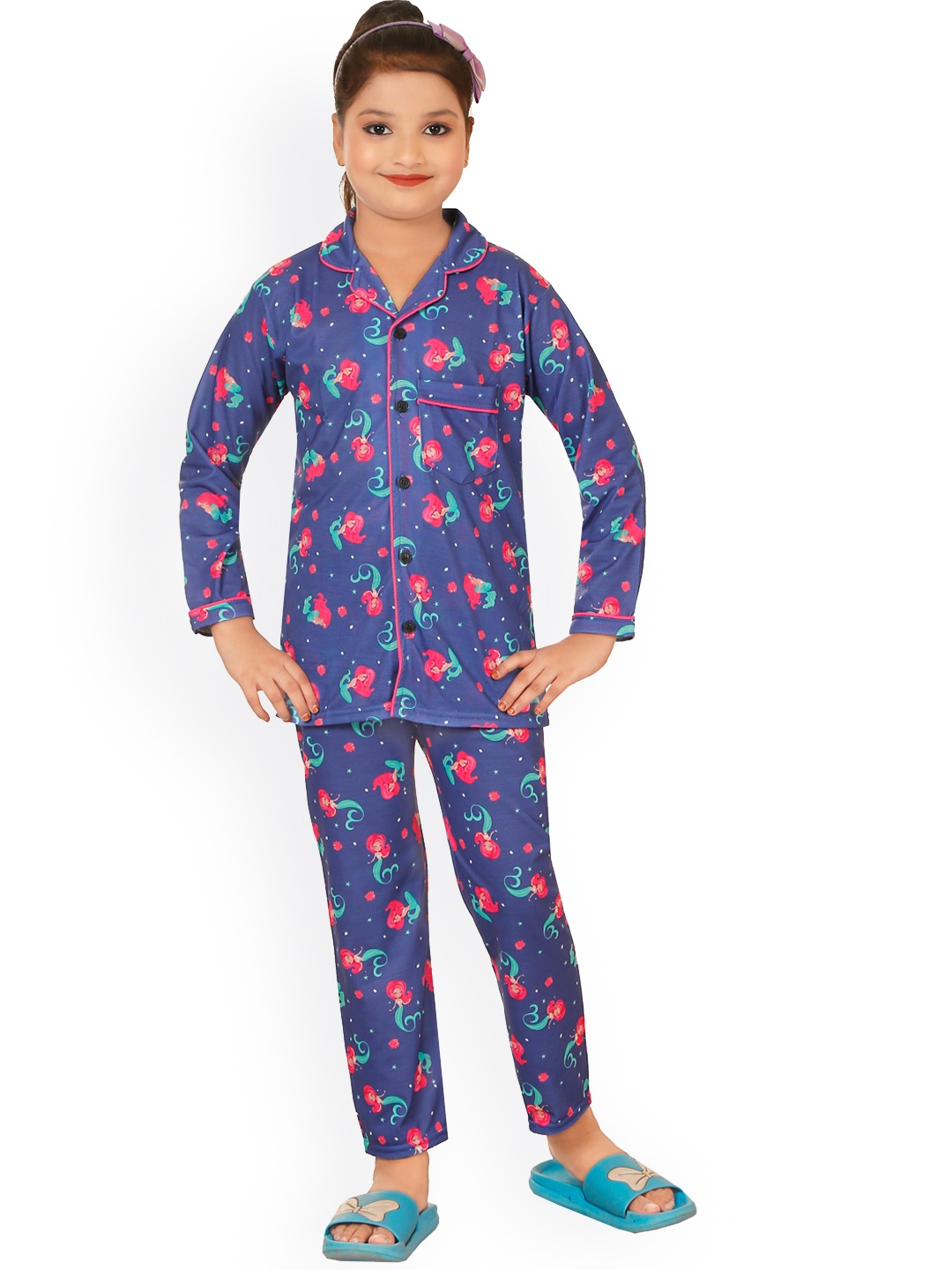 

BURBN Girls Conversational Printed Cotton Night suit, Navy blue