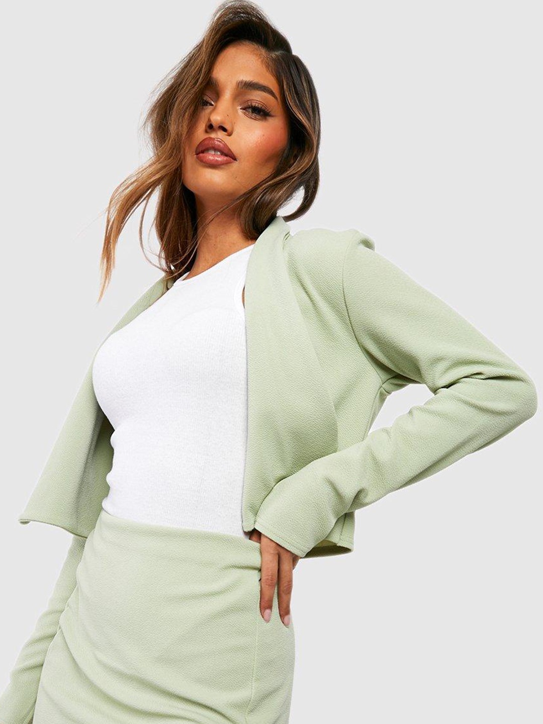 

Boohoo Crop Open Front Jacket, Green