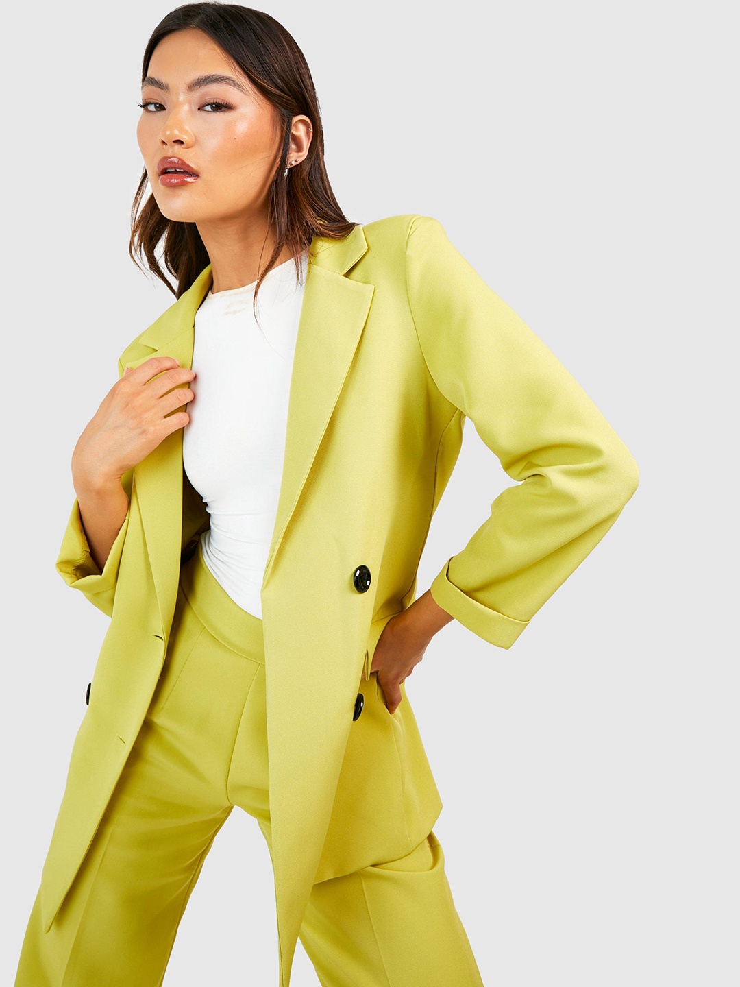 

Boohoo Notched Lapel Collar Double Breasted Blazer, Green