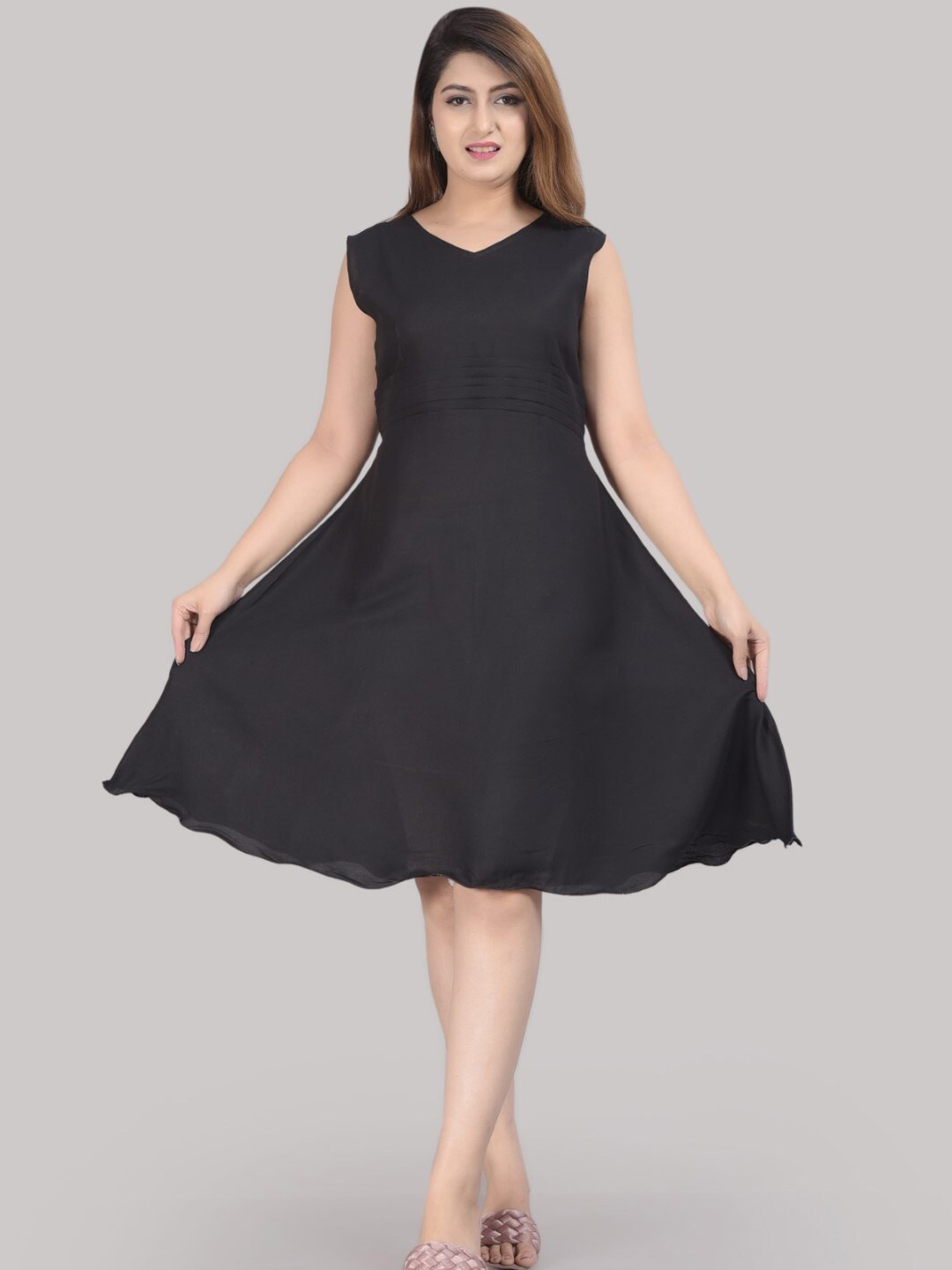 

SIPET V-Neck Pleated Detail Fit & Flare Dress, Black