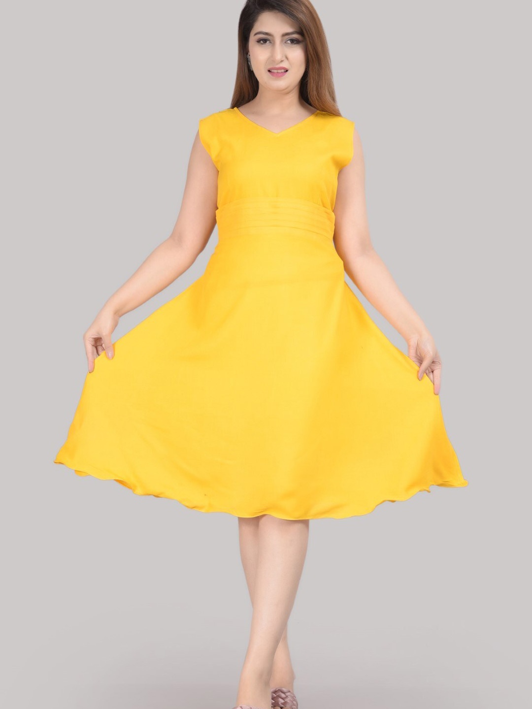 

SIPET V-Neck Pleated Detail Fit & Flare Dress, Yellow